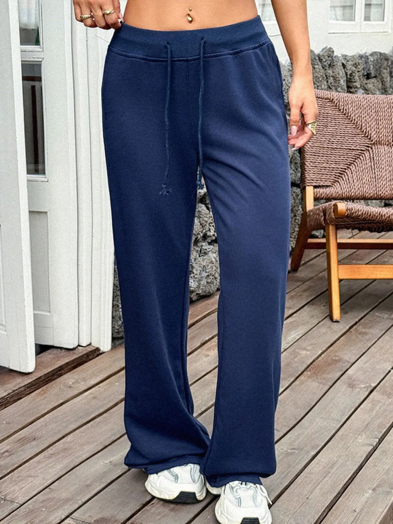 Wide Leg Track Pants for Women with Drawstring Waist and Pockets in Navy, front view