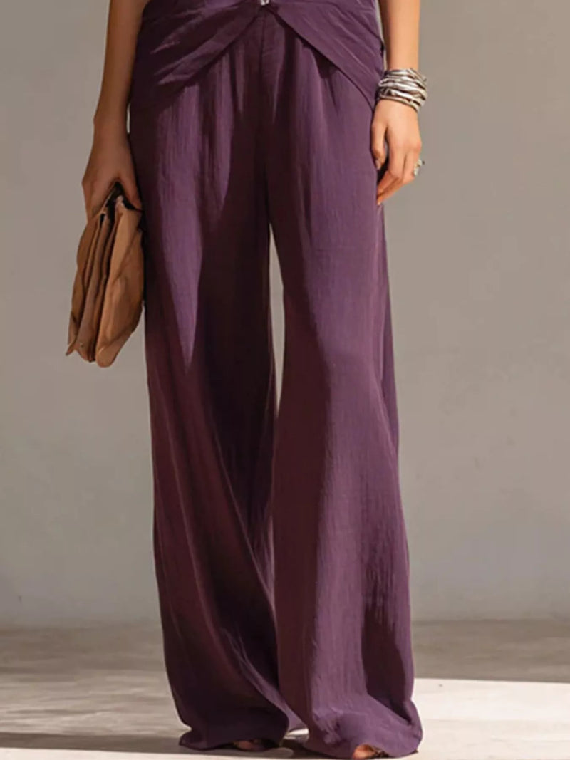 Wide Leg Pants and Top Set for Women with Zip Front V-Neck Tank in Purple, pants detail