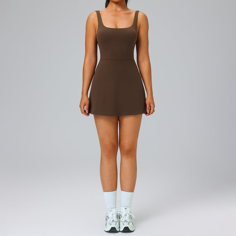 Women's Backless Built-In Shorts Workout Dress in Brown, front view