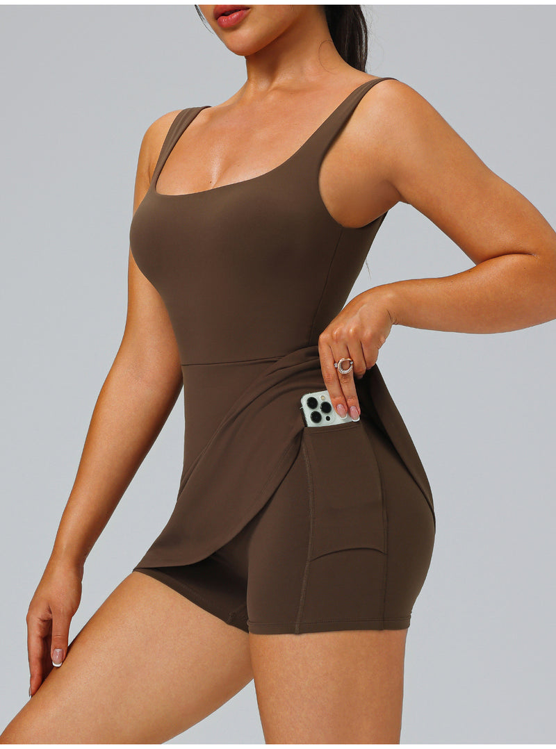 Women's Backless Built-In Shorts Workout Dress in Brown, detail