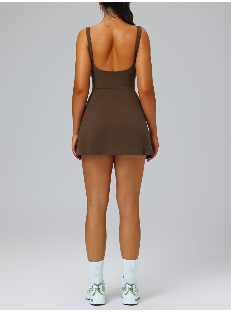 Women's Backless Built-In Shorts Workout Dress in Brown, back view