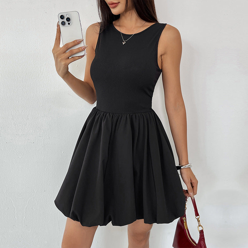 Women's Backless Pleated Tank Mini Dress in Black, front view