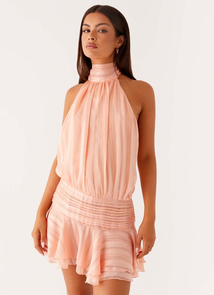 Women's Backless Tie-Up Halter Neck Dress in Pink, front view