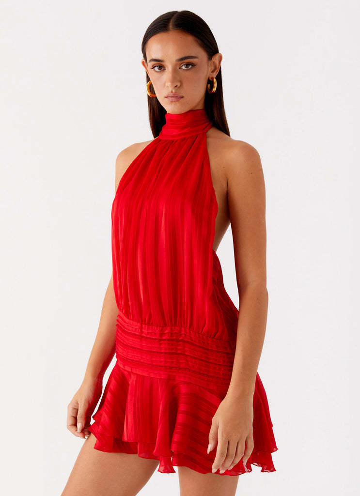 Women's Backless Tie-Up Halter Neck Dress in Red, front view