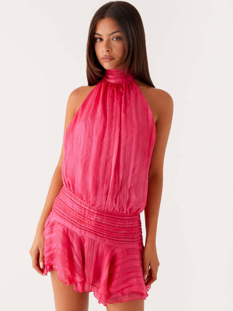 Women's Backless Tie-Up Halter Neck Dress in Rose Red, front view