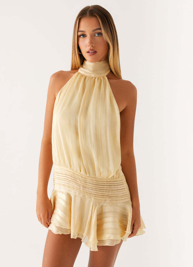 Women's Backless Tie-Up Halter Neck Dress in Yellow, front view