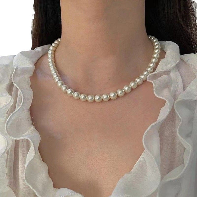 Women's Beaded Pearl Strand Clavicle Necklace in 8mm, front view