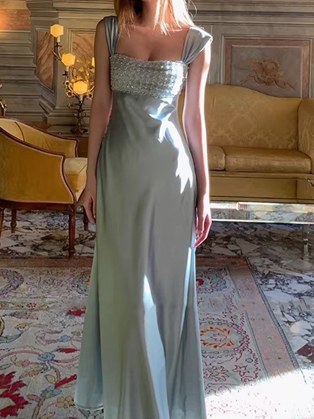 Women's Beaded Square-Neck High-Waist Evening Dress in Streamer Blue, front view