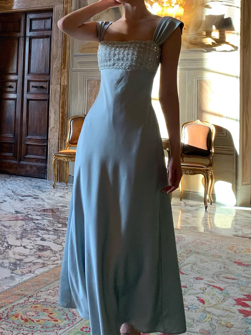 Women's Beaded Square-Neck High-Waist Evening Dress in Streamer Blue, front view