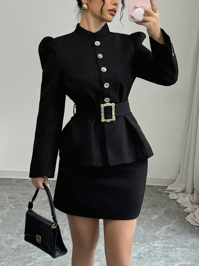 Women's Belted Long Sleeve Button-Front Shirt in Black, front view