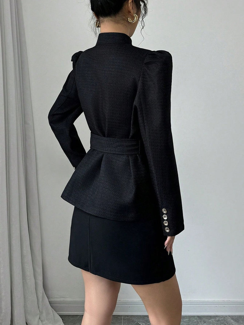 Women's Belted Long Sleeve Button-Front Shirt in Black, back view