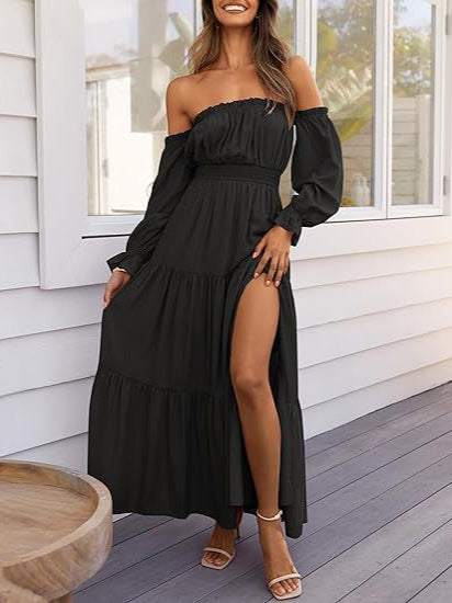 Women's Boho Off-Shoulder Slit Maxi Dress in Black, front view