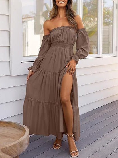 Women's Boho Off-Shoulder Slit Maxi Dress in Coffee, front view