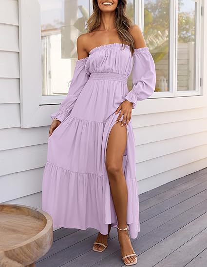 Women's Boho Off-Shoulder Slit Maxi Dress in Light Purple, front view