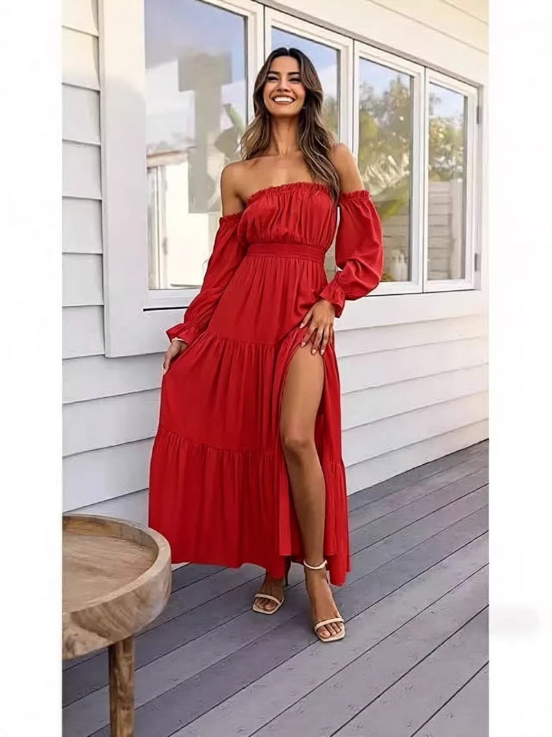 Women's Boho Off-Shoulder Slit Maxi Dress in Orange Red, front view