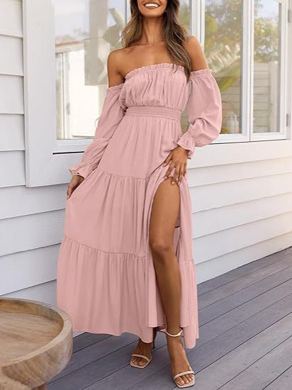 Women's Boho Off-Shoulder Slit Maxi Dress in Pink, front view