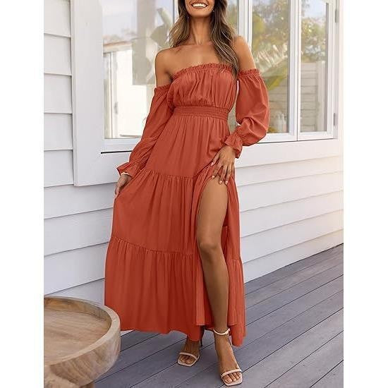 Women's Boho Off-Shoulder Slit Maxi Dress in Rust Red, front view