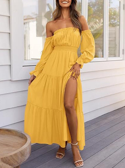 Women's Boho Off-Shoulder Slit Maxi Dress in Yellow, front view
