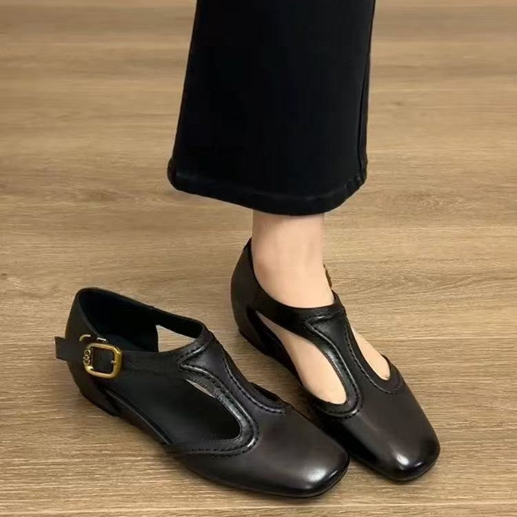 Women's Buckle T-Strap Square Toe Ballet Flats in Black, front view