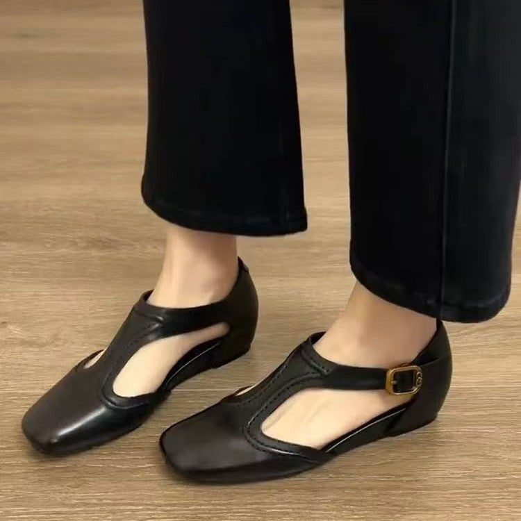 Women's Buckle T-Strap Square Toe Ballet Flats in Black, front view