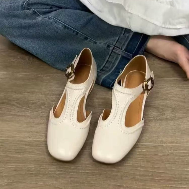 Women's Buckle T-Strap Square Toe Ballet Flats in Off-White, front view