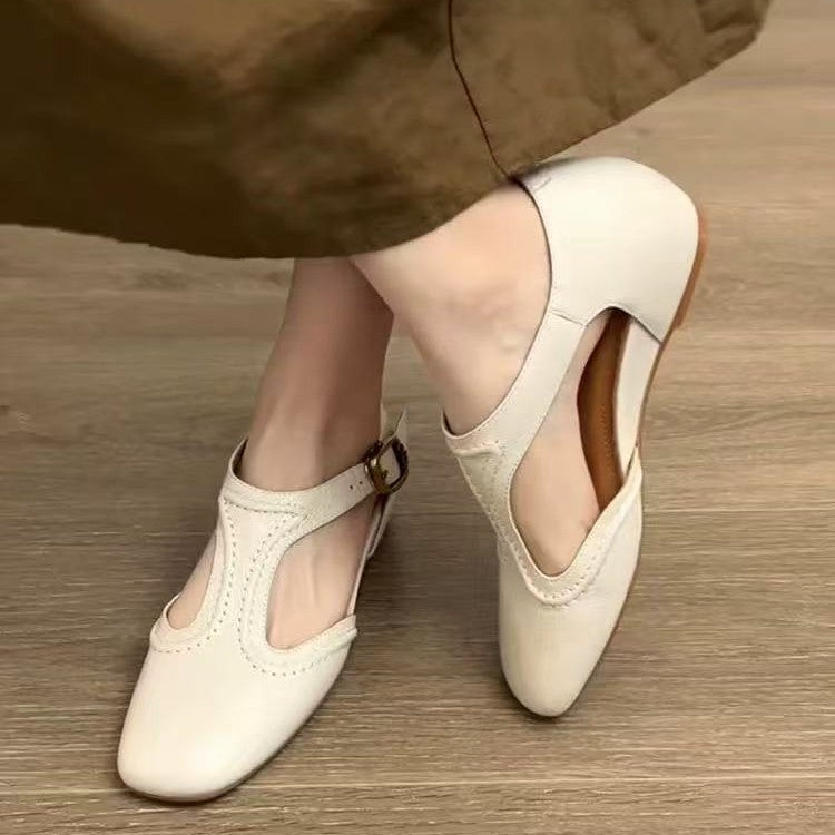 Women's Buckle T-Strap Square Toe Ballet Flats in Off-White, front view