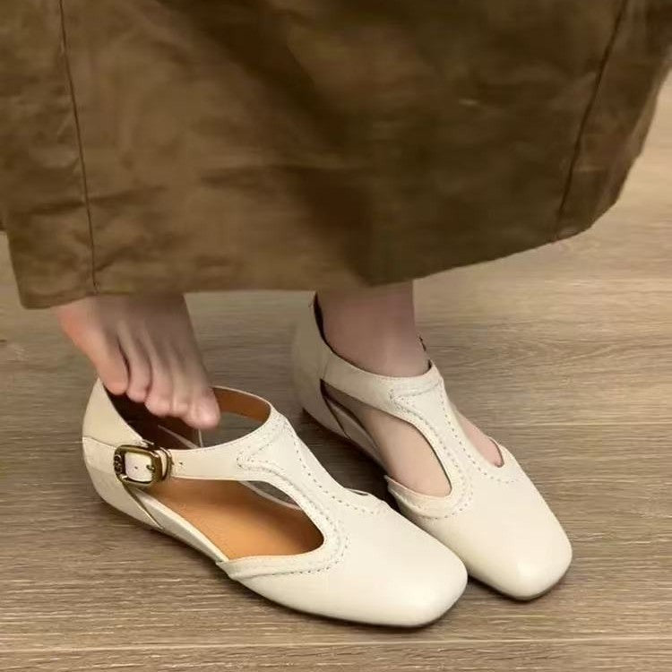Women's Buckle T-Strap Square Toe Ballet Flats in Off-White, front view