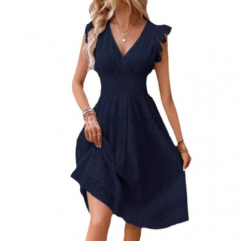 Women's Cap-Sleeve Eyelet Midi Dress in Navy Blue, front view