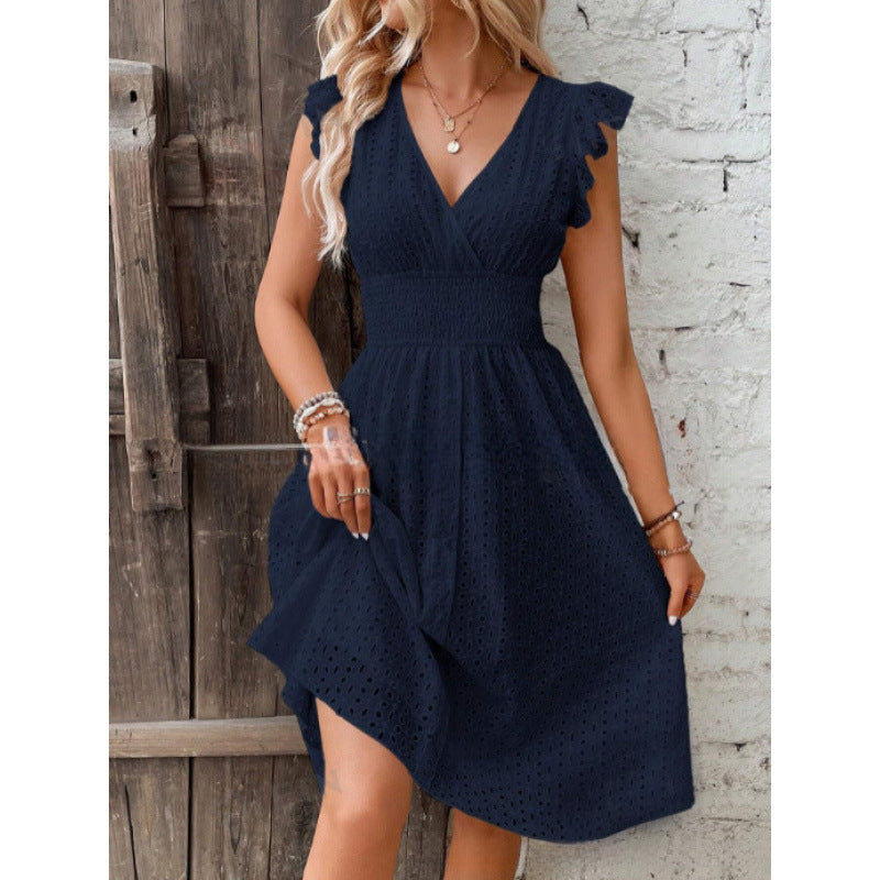 Women's Cap-Sleeve Eyelet Midi Dress in Navy Blue, front view