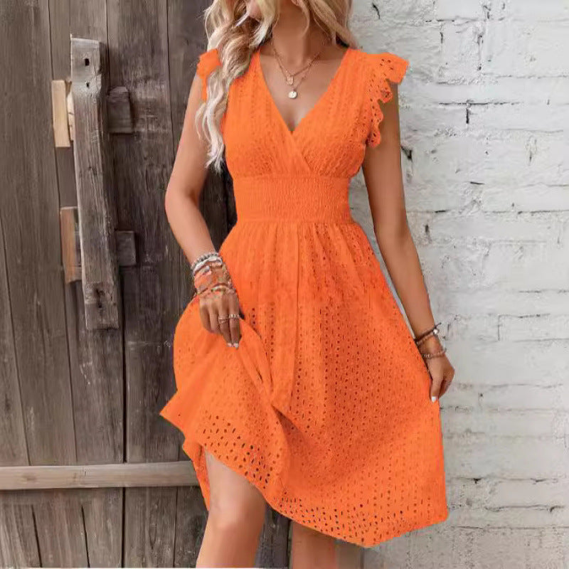 Women's Cap-Sleeve Eyelet Midi Dress in Orange Red, front view