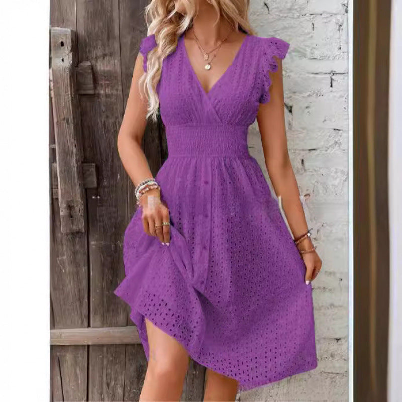 Women's Cap-Sleeve Eyelet Midi Dress in Purple, front view