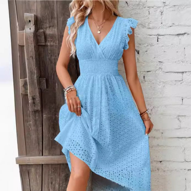 Women's Cap-Sleeve Eyelet Midi Dress in Sky Blue, front view