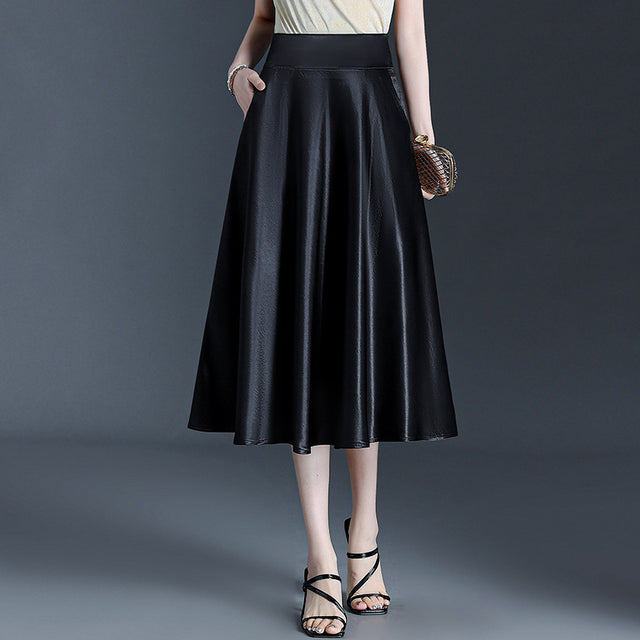 Women's Casual A-Line Satin-Feel Midi Skirt in Black, front view
