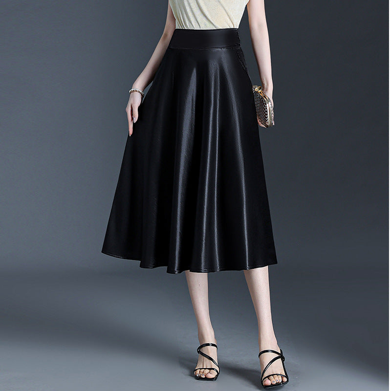Women's Casual A-Line Satin-Feel Midi Skirt in Black, front view