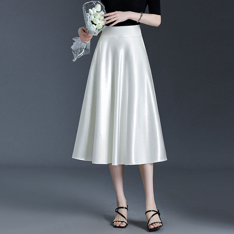 Women's Casual A-Line Satin-Feel Midi Skirt in White, front view