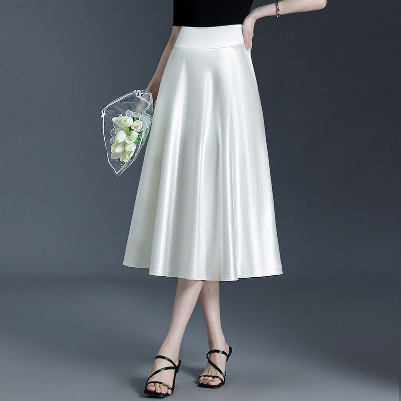 Women's Casual A-Line Satin-Feel Midi Skirt in White, front view