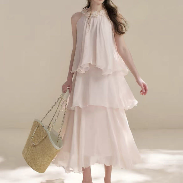Women's Chiffon-Style Halter Tiered Maxi Dress in One Color, front view