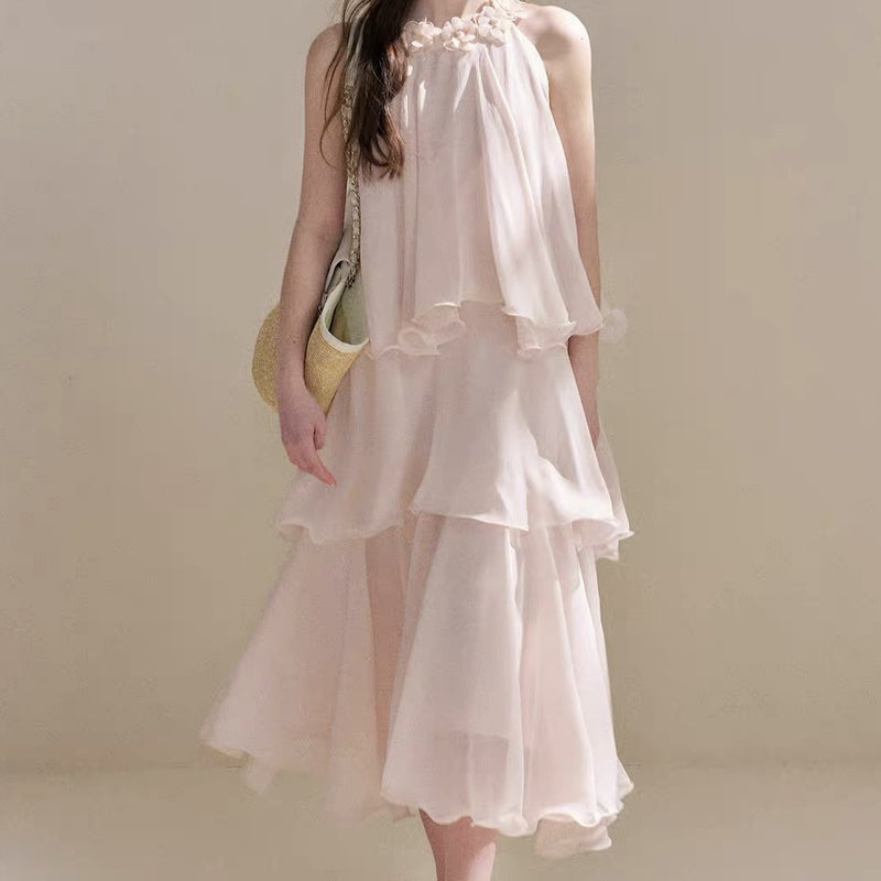 Women's Chiffon-Style Halter Tiered Maxi Dress in One Color, front view