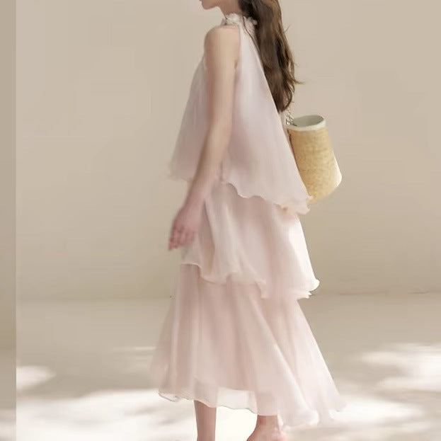 Women's Chiffon-Style Halter Tiered Maxi Dress in One Color, side view