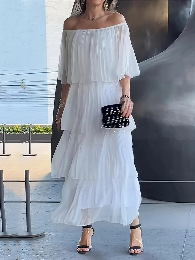 Women's Chiffon-Style Ruffle Off-Shoulder Maxi Dress in White, front view