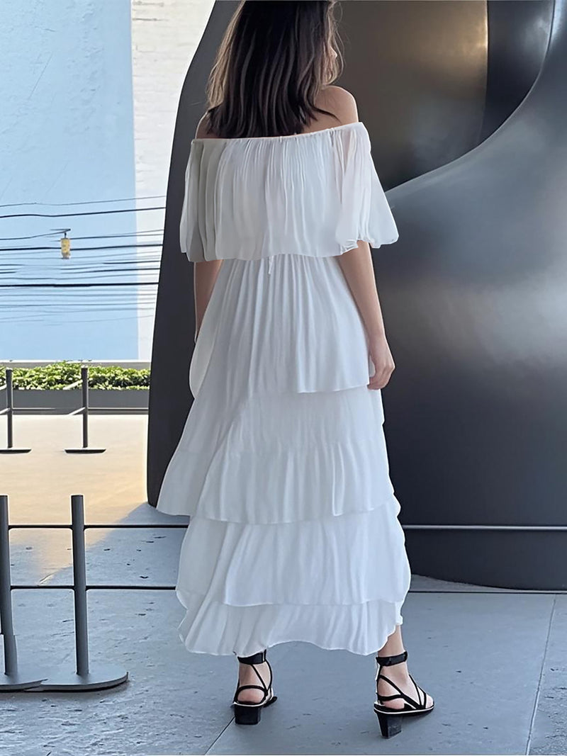 Women's Chiffon-Style Ruffle Off-Shoulder Maxi Dress in White, back view