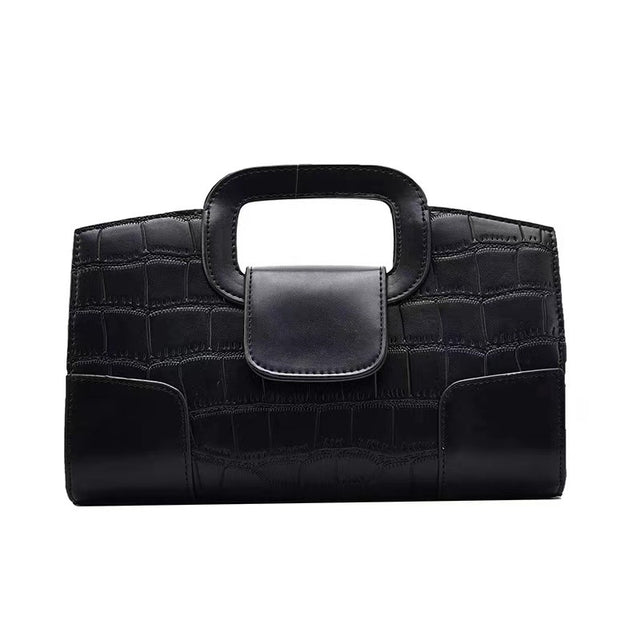 Women's Croc-Embossed Chain Strap Clutch Bag in Black, front view