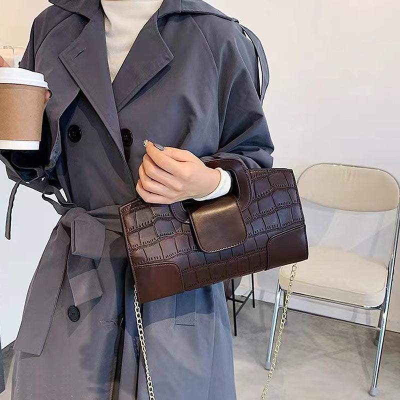 Women's Croc-Embossed Chain Strap Clutch Bag in Brown, front view