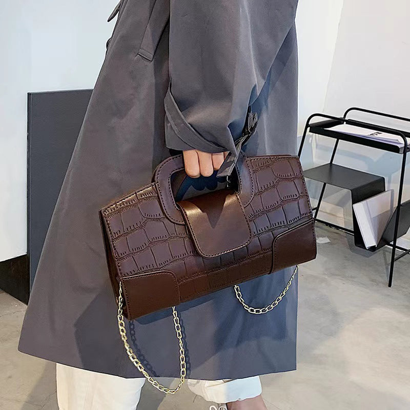 Women's Croc-Embossed Chain Strap Clutch Bag in Brown, front view