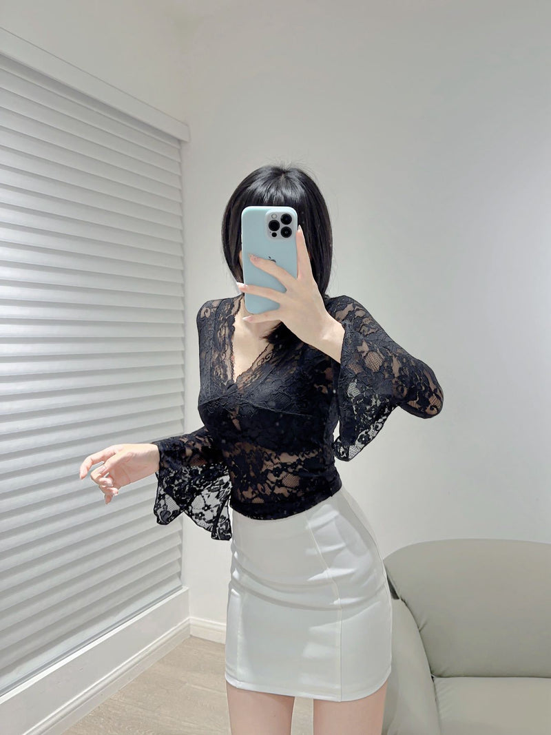 Women's Crochet Lace-Look V-Neck Long Sleeve Crop Top in Black, front view