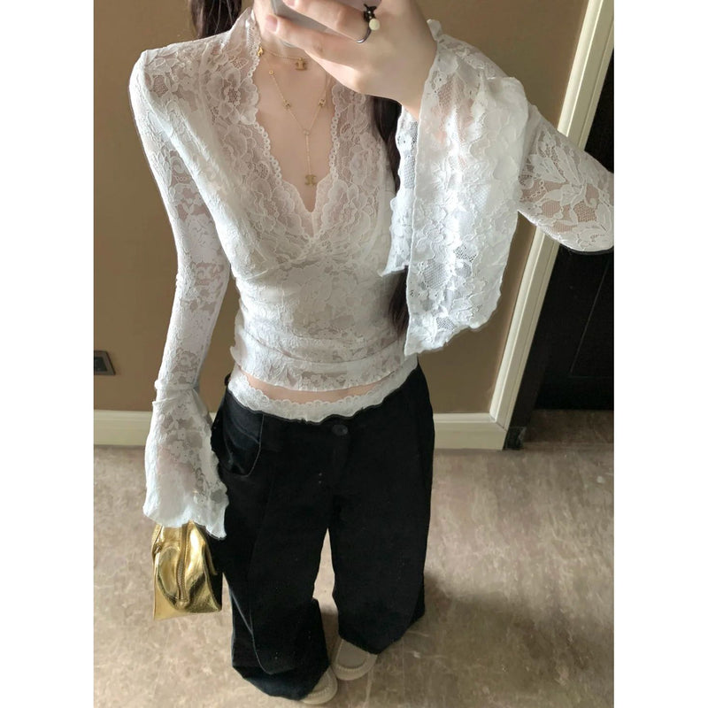 Women's Crochet Lace-Look V-Neck Long Sleeve Crop Top in White, front view
