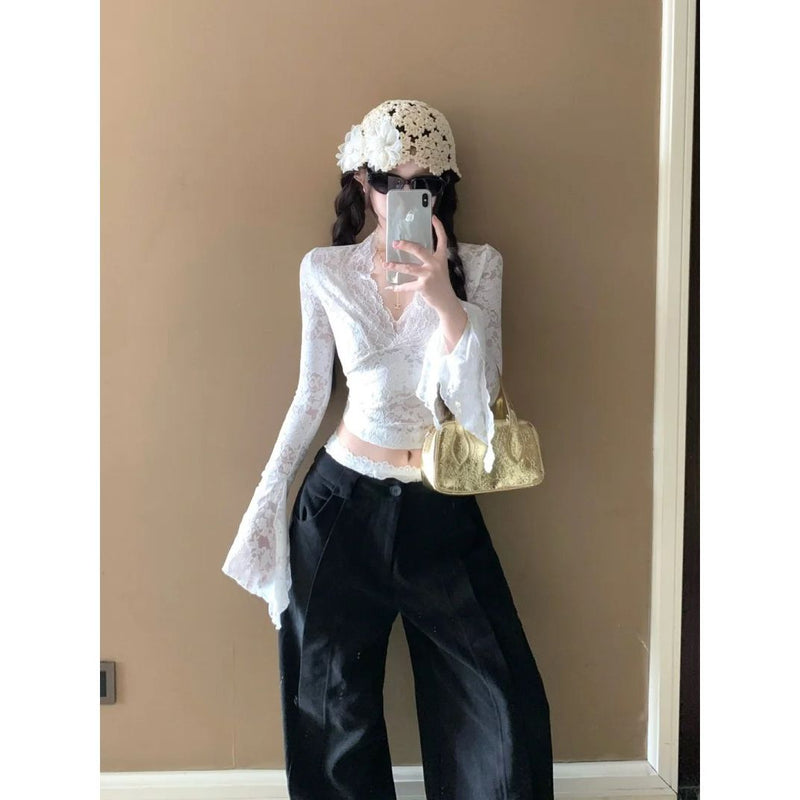 Women's Crochet Lace-Look V-Neck Long Sleeve Crop Top in White, front view