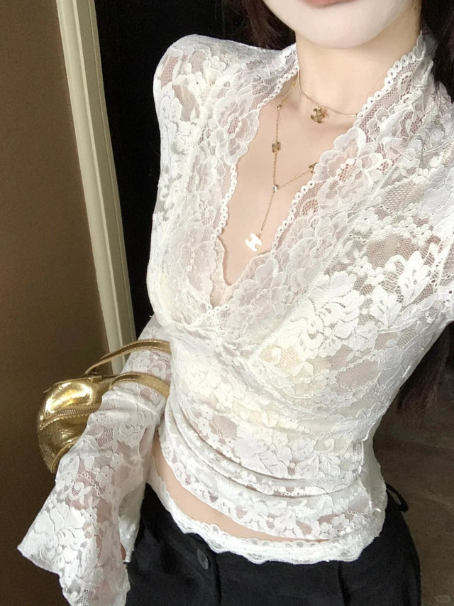 Women's Crochet Lace-Look V-Neck Long Sleeve Crop Top in White, detail