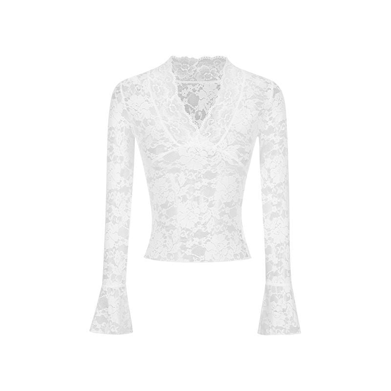 Women's Crochet Lace-Look V-Neck Long Sleeve Crop Top in White, front view