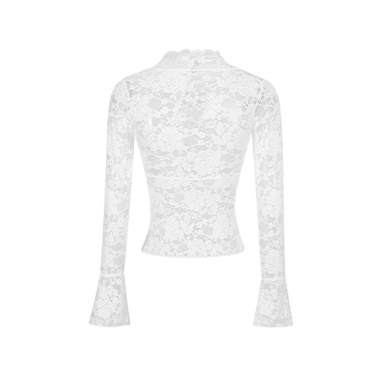 Women's Crochet Lace-Look V-Neck Long Sleeve Crop Top in White, back view